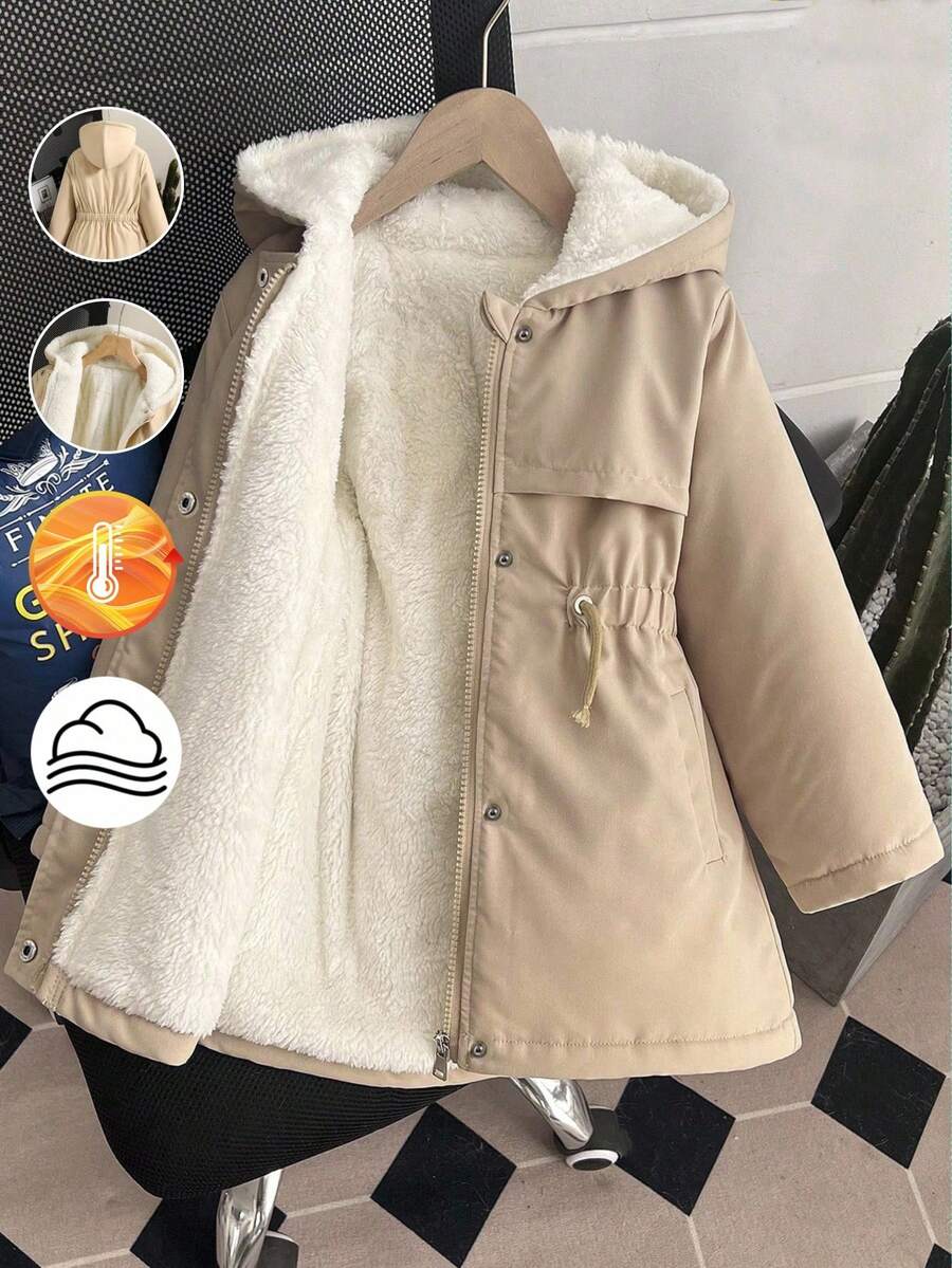 SHEIN Fashionable Mid-Length Hooded Cinched Waist Thermal Lined Padded Coat For Tween Girls Loose Fit, Comfortable For Daily Wear, Commuting, Outings And Photo Shoots Fall Winter - Khaki - View 1