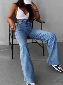 SHEIN PETITE Jeans a gamba dritta con orlo grezzo in 100% cotone, taglia petite