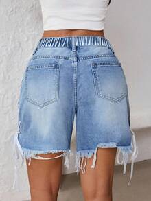 Jeanoix Pantalones cortos de mezclilla con cordón en la cintura y borde deshilachado para mujer de talla grande - Azul lavado medio - Ver 2