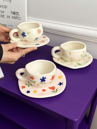 Joivida 1 件 280 毫升原创北欧风格手工陶瓷咖啡杯碟套装，多色格子、心形、云朵、花卉图案，适合下午茶、牛奶、拿铁、甜点盘 - 很棒的礼物