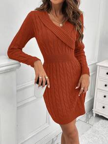EMERY ROSE Elegant Solid Color Fitted Long Sleeve Sweater Dress For Women - Burnt Orange - View 6