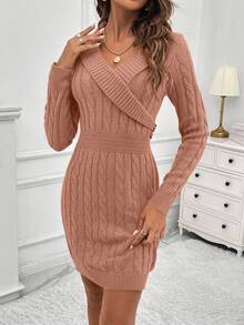 EMERY ROSE Elegant Women's Autumn Cable Pattern Long Sleeve Fitted Knit Dress - Coral Orange - View 5
