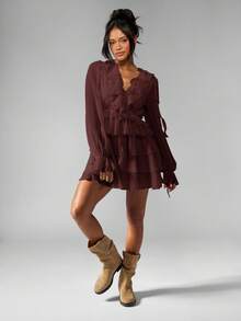 MISSGUIDED Elegant Chiffon Tiered Ruffle Mini Dress With Balloon Sleeves V-Neck Long Sleeve Party Wedding Guest Fall Winter Dress Special Occasion - Brown - View 6