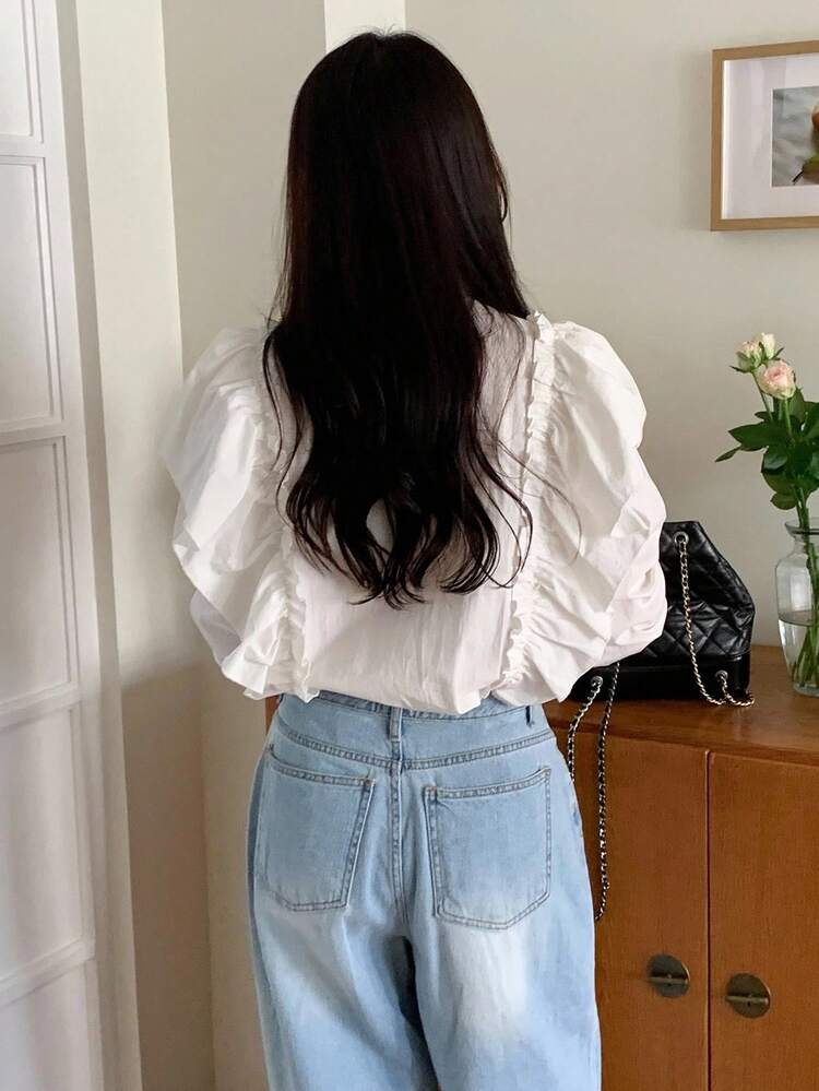 Women's Cap Sleeve Korean Style Elegant Long Sleeve Blouse, Autumn/Winter