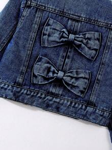 Elladie kids 1pc Girls Casual Denim Jacket With Bow Decor, Light Wash Blue, Comfortable For Daily Wear And Outings Fall Winter Denim Jacket With Bows