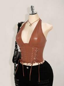 SHEIN ICON 大码女式纯色简约休闲 PU 皮革露背领扣眼装饰系带背心 Y2K 外出酒红色 V 领露肩上衣 - 棕色 - 查看 7