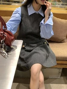 DAZY 女士纯色韩版休闲中长款羊毛连衣裙 - 灰色 - 查看 5