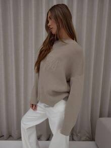 MUSERA Graphic Embossed '' Logo Ribbed Hems Oversized Knit Sweater Classy Cute Sexy Streetwear Night Out Winter Evening Elegant - Khaki - View 4