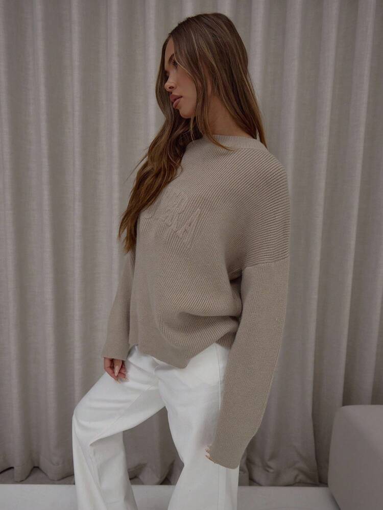 MUSERA Graphic Embossed '' Logo Ribbed Hems Oversized Knit Sweater Classy Cute Sexy Streetwear Night Out Winter Evening Elegant - Khaki - View 4