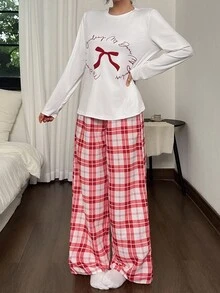SHEIN 2 件蝴蝶结和格子印花针织长袖上衣和裤子睡衣套装，秋季服装 - 彩色 - 查看 6