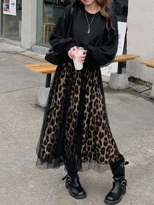 DAZY Váy dài vừa cổ tròn in họa tiết da báo, lưới vá, giản dị dành cho nữ, mùa thu - màu đen - Xem 7