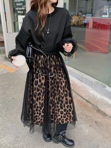 DAZY Váy dài vừa cổ tròn in họa tiết da báo, lưới vá, giản dị dành cho nữ, mùa thu - màu đen - Xem 10