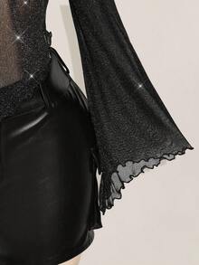 SHEIN ICON 大码闪亮喇叭袖前系带性感方领衬衫 - 黑色 - 查看 4