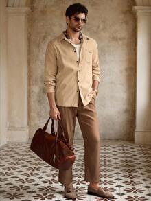 Manfinity VCAY Men's Casual Embroidered Long Sleeve Shirt, Suitable For Everyday Wear, Fall - Khaki - View 1