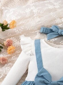 SHEIN Newborn Baby Girl Cute Casual 2 In 1 Colorblock Bow Embroidered Jumpsuit With Headband Fall Winter - Multicolor - View 3