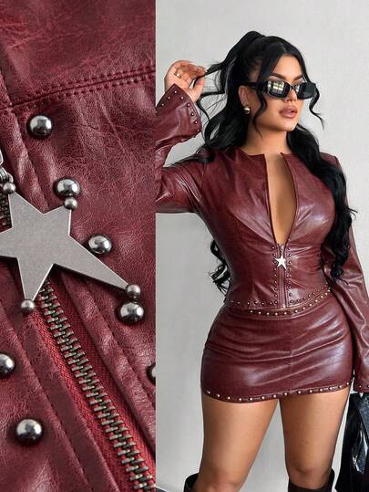SHEIN SXY Wine Red Street Style Long Sleeve Leather Jacket,Leather Jacket,Burgundy ,Punk,,Fall Clothes For Women,Winter,Cropped Jacket,Streetwear,
