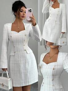 Elenzga Women's Elegant Tweed Sweetheart Neck Long Sleeve Short Dress, Autumn - White - View 1