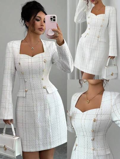 Elenzga Women's Elegant Tweed Sweetheart Neck Long Sleeve Short Dress, Autumn