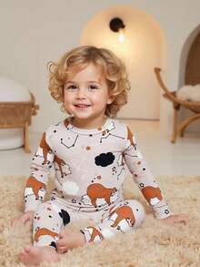 2pcs Infant/Toddler Boys' Khaki Cartoon Sloth Print Long Sleeve Bodysuit & Pants Pajama Set - Khaki - View 4