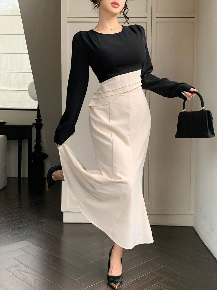 Women's Contrast Color Round Neck Long Sleeve Fishtail Hem Elegant Dress