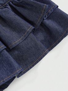 ROMWE Grunge Punk Y2K Retro Low Waist Sexy Double Ruffle Hem Mini Denim Skirt, Blue - Dark Wash - View 4