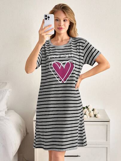 EURM Katoenen Women Round Neck Colour Gestreepte Heart Printed Short Sleeved Pajama Dress view 7