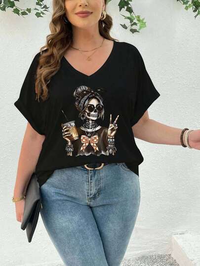 EMERY ROSE 万圣节休闲宽松骷髅女孩图案印花大码女式 V 领短袖 T 恤，万圣节服装节日夜间外出上衣