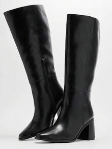 Solezae 女士迷人性感尖头粗跟侧拉链及膝长靴 - 黑色 - 查看 7