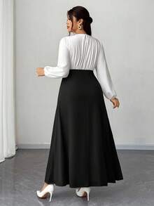 Elenzga Vestido Ajustado Tipo A com Manga Lanterna Colorblock Casual para Mulheres Plus Size, Adequado para Ano Novo