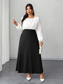 Elenzga Vestido Ajustado Tipo A com Manga Lanterna Colorblock Casual para Mulheres Plus Size, Adequado para Ano Novo