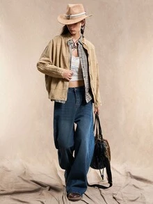 Easelle Women's Plaid Batwing Sleeve Zip-Up Casual Denim Jacket, Autumn Western Jacket Women Boho Western Tops Cowboy Shirts Women Women Western Tops Western Shirts For Women Women Western Clothing Cowboy Shirt Women Women Western Jacket