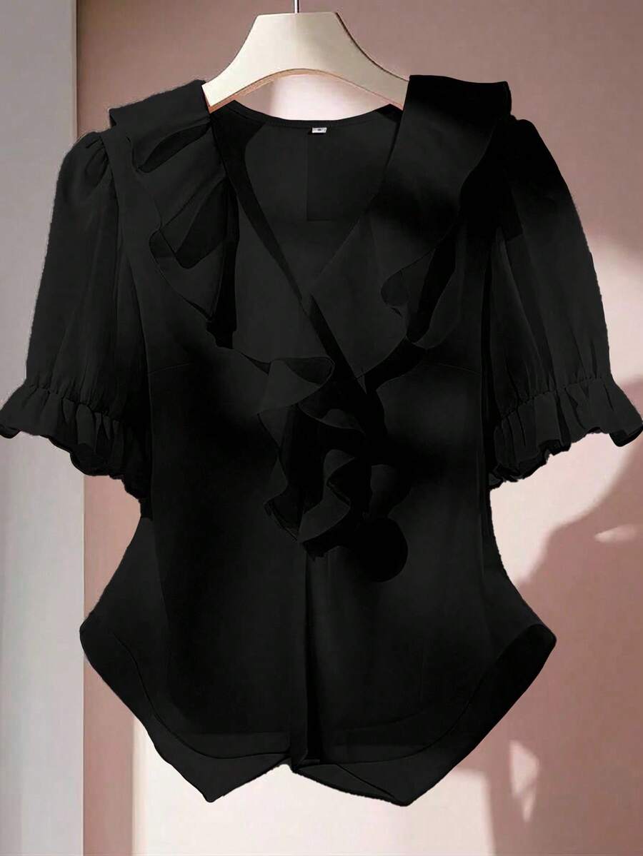 Franclia Blusa casual de verano con cuello en V, unicolor, volantes y mangas abullonadas