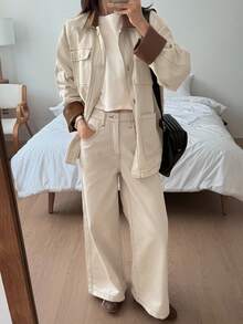 DAZY Ensemble en jean décontracté pour femmes avec veste en jean ample à poches et jeans droits