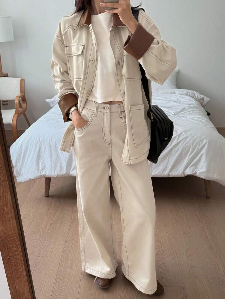 Women's Color Block Pocket Decor Loose Denim Jacket And Straight Leg Jeans Casual Denim Set