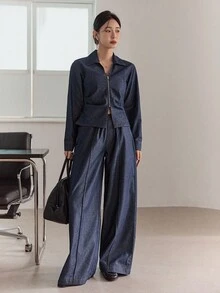 DAZY Áo khoác cardigan cổ bẻ denim và quần ống rộng cho nữ Bộ đồ denim thường ngày - Rửa tối - Xem 3