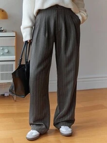 DAZY 女式条纹商务休闲常规裤秋季 - 深灰色 - 查看 2