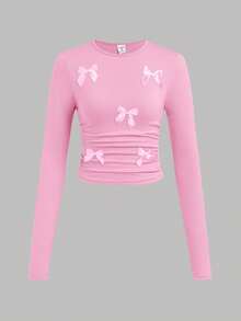 SHEIN 3pcs/Set Tween Girl Fitted Casual Solid Color Handmade Ribbon Bow Crew Neck Ruched Long Sleeve T-Shirts,Cute School White Winter Fall Pink Black Tops - Multicolor - View 6