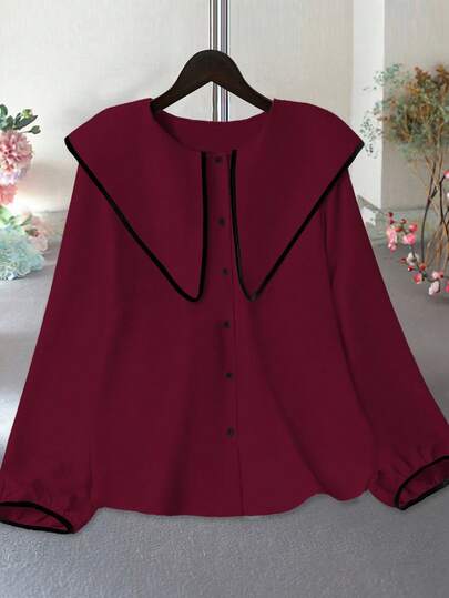 GlowEve CURVE 大码女式彼得潘领黑色长袖上衣