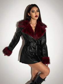 SHEIN ICON Áo khoác dạ dạ hội bằng da mềm mại màu tương phản màu đen Gothic Halloween dành cho nữ, thời trang đi làm, lông giả, chắp vá, mùa đông - màu đen - Xem 15