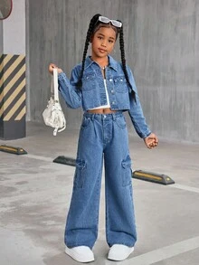 女童青少年新款水洗牛仔两件套，短款牛仔夹克 + 宽腿宽松牛仔裤，休闲装 - 中等水洗藍 - 查看 8