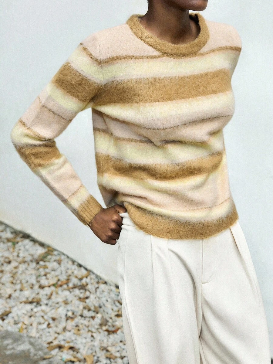 SHEIN X Jwoww Lumivelle Multi-Color Striped Patchwork Slim Fit Pullover Sweater, Autumn/Winter - Multicolor - View 1
