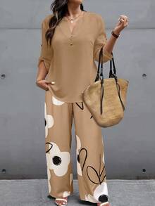 EMERY ROSE Bộ 2 món áo sơ mi tay bo cổ chữ V trơn cỡ lớn và quần in hoa thường ngày dành cho nữ - Nhiều màu - Xem 3