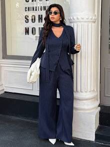 Easura 大码条纹夹克和裤子套装 - 藏蓝色 - 查看 4