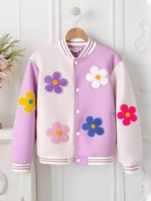 SHEIN Girls' Casual Colorful 3D Floral Contrast Color Baseball Jacket, Spring/Autumn Fall Winter - Purple - View 6