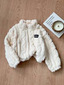 SHEIN 女童休闲半拉链立领抓绒卫衣，带贴布，纯杏色，秋冬季，返校季抓绒套头衫，秋冬款 - 杏色 - 查看 3