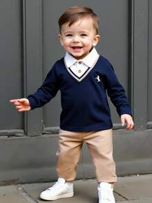 SHEIN Playful Pals 1 件套男婴套装，儿童针织舒适长袖 Polo 衫 2 合 1 卫衣，时尚幼儿胸前印花小众设计上衣搭配卡其色休闲松紧腰宽松裤，适合秋季度假、日常外出等场合。