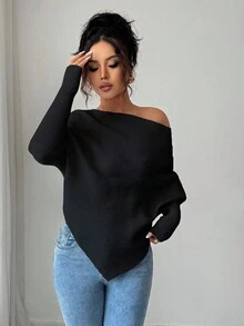 Elenzga Women's Asymmetrical Shoulder Batwing Sleeve Casual Elegant Knit Sweater Top, Versatile For Vacation & Holidays, Spring/Autumn/Winter - Black - View 6