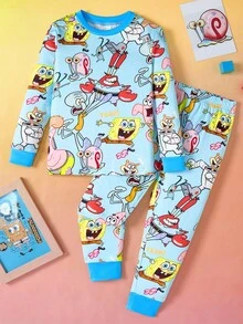SpongeBob SquarePants | SHEIN 2pcs/Set Young Boy Cartoon Pattern Crew Neck Long Sleeve Top And Pants Knit Casual Stretchy Tight Pajama Set