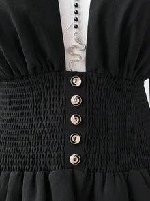 Sunspun Áo crop top tay dài màu xanh navy tối giản, thanh lịch, cổ chữ V cài nút phía trước, ôm sát eo, cổ chữ V khoét sâu, cỡ lớn, giúp thon gọn - màu đen - Xem 3