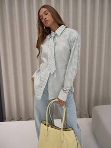 MUSERA Neck Tie Detail Button Down Cinch Tie Waist Stripe Shirt Classy Sexy Streetwear   Night Out Elegant . Holidays, Party Spring - Multicolor - View 1